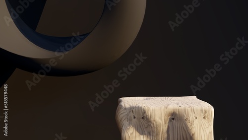 Display wood Table with black background minimal scene.Summer background 3d rendering with podium. stand for products. wood desk Showcase on pedestal 3d black background studio, 3d Illustration