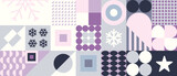 Geometryczna zimowa kompozycja - kolorowa mozaika z płatkami śniegu. Powtarzający się wzór w stylu bauhaus do zastosowania jako baner, tło do projektów.