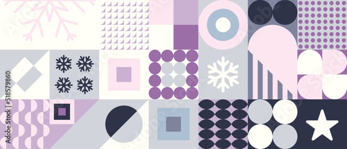 Geometryczna zimowa kompozycja - kolorowa mozaika z płatkami śniegu. Powtarzający się wzór w stylu bauhaus do zastosowania jako baner, tło do projektów.