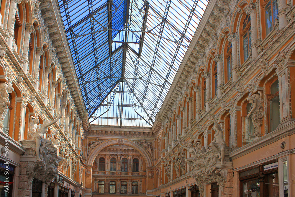Indoor atrium of Odessa passage - old covered mall and architectural monument in Odessa, Ukraine