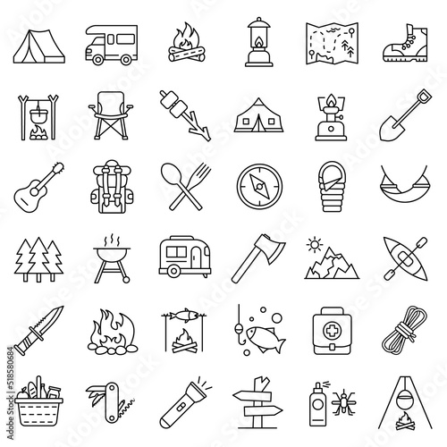 Vector camping icons.  Camp, vacation, tourism, hiking, travel. thin line web icon set.  Simple vector illustration.