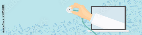 remote, online medical consultation, telemedicine banner, doctor's hand with stethoscope sticking out of the laptop - vector illustration