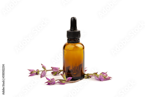 A bottle of essential oil with fresh blooming clary sage twigs on white background.