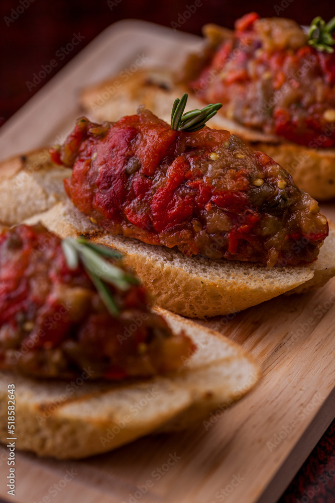 Three bruschetta with eggplant caviar Three bruschetta with eggplant caviar