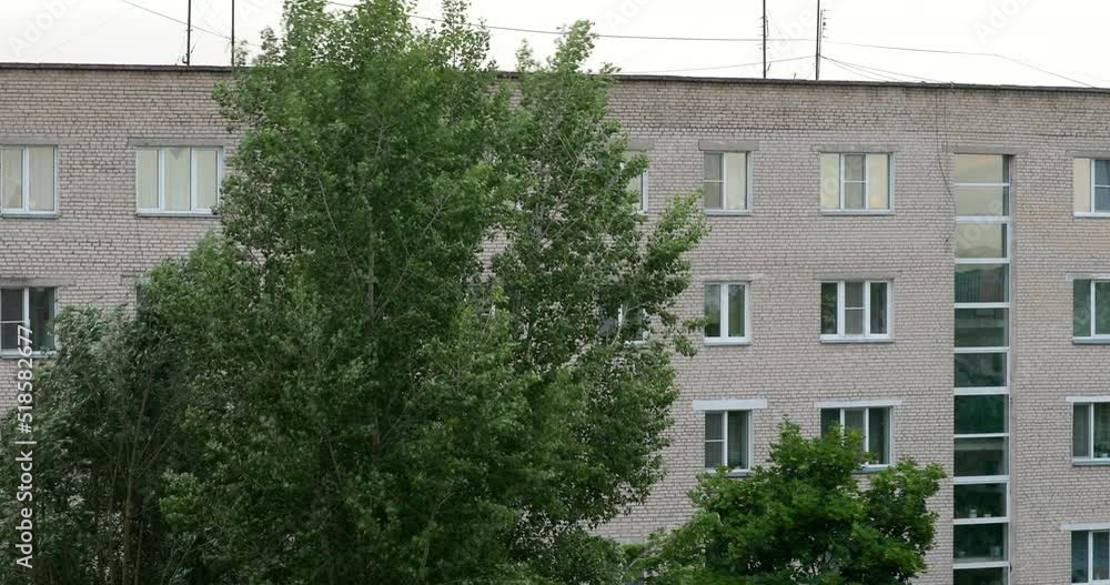 Strong Wind Shakes Trees On City Multi-storey Building Background. Concept Of Wind Power. Raging Wind Bends Trees. Stormy Wind. Nature Power. Energy Of Nature. Very Strong Strong Wind Shakes Trees On City Multi-storey Building Background. Concept Of Wind Power. Raging Wind Bends Trees. Stormy Wind. Nature Power. Energy Of Nature. Very Strong