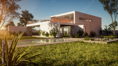 Moderne Villa mit großem Grundstück und Pool am Morgen photo