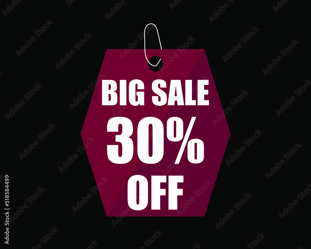 30% Off black banner. Advertising for big sale. 30% discount for promotions and offers.