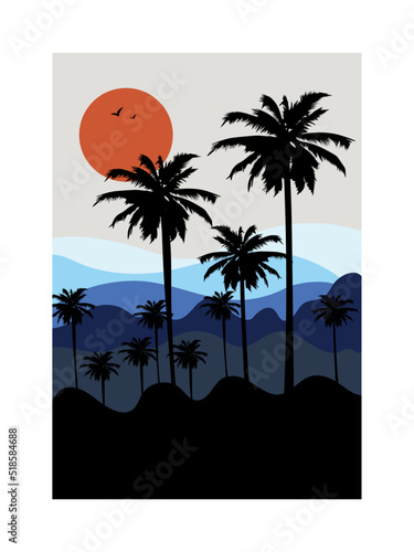  vector Sea palm tree and waves, palm beach sunset background vector illustration