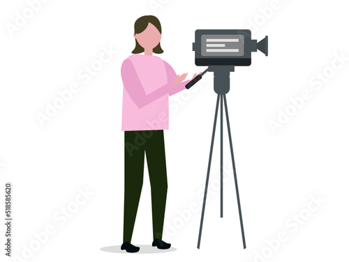 ビデオ撮影をする女性 映像 人物 撮る カメラ 三脚 ベクターイラスト