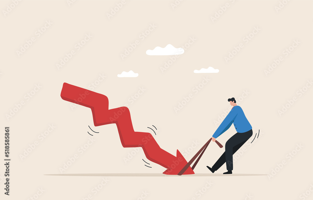 Solve investment problems in times of crisis. Effort to win business challenge. Stock market or crypto currency crash. Businessman tries to pull an arrow pointing up. Solve investment problems in times of crisis. Effort to win business challenge. Stock market or crypto currency crash. Businessman tries to pull an arrow pointing up.