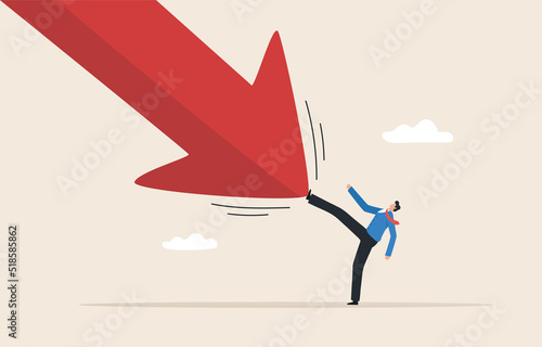 Skills to overcome market recession. Solving problems in the investment crisis.  Lessons About Recession. Economic crsiss. Businessman kicks a falling arrow to reverse an uptrend.