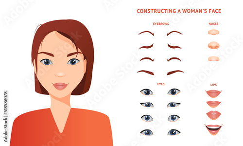 Constructing a woman's face, creating an avatar with head parts. Vector set of Asian type face generator with eyes, noses, eyebrows and lips. photo
