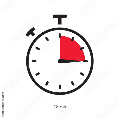 Timer 15 minutes symbol color style isolated on white background. Clock, stopwatch, cooking time label. Vector 10 eps photo