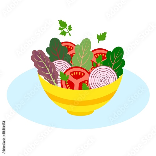 Vector illustration of bowl with colorful vegetable salad with tomatoes onions leafy collard greens parsley. Plant based healthy diet ingredients gut microbiome nutrients concept