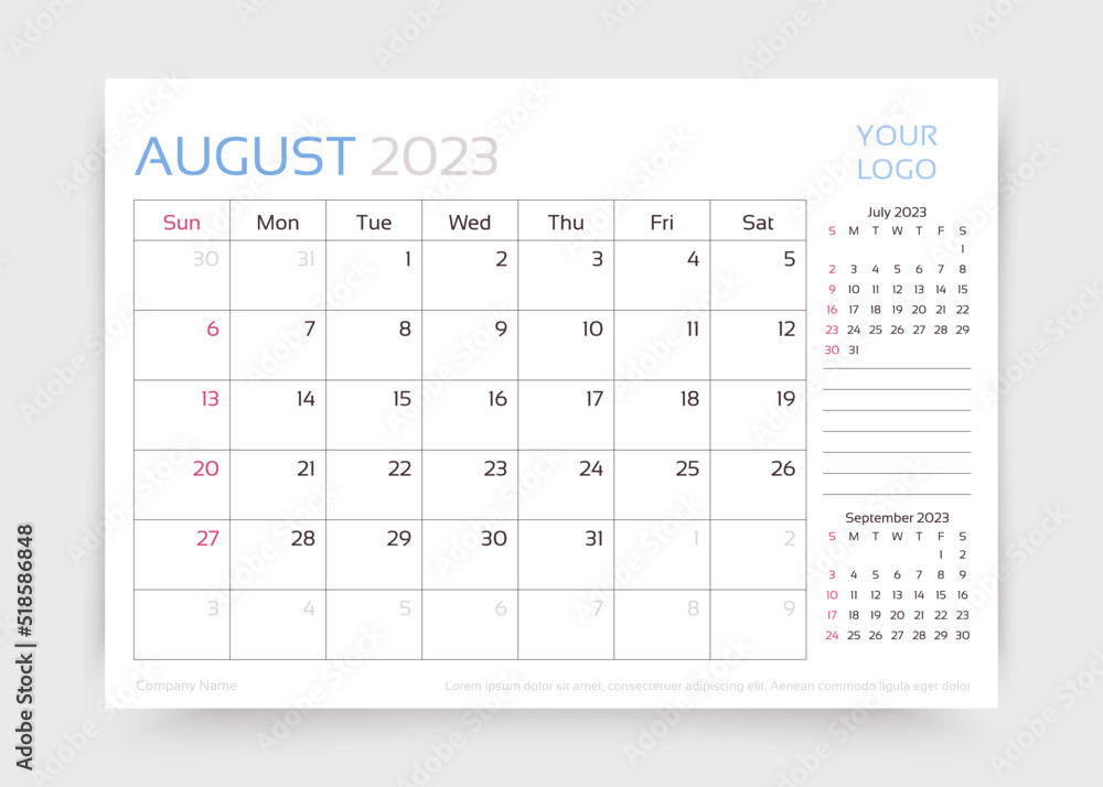 August 2023 year calendar. Planner calender template. Week starts