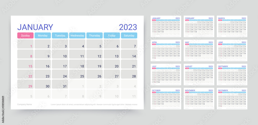 Stockvector Calendar for 2023 year. Planner template. Week starts