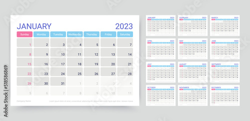 Calendar for 2023 year. Planner template. Week starts Sunday. Monthly calender organizer. Desk schedule grid with 12 month. Corporate yearly diary layout. Vector illustration. Horizontal simple agenda
