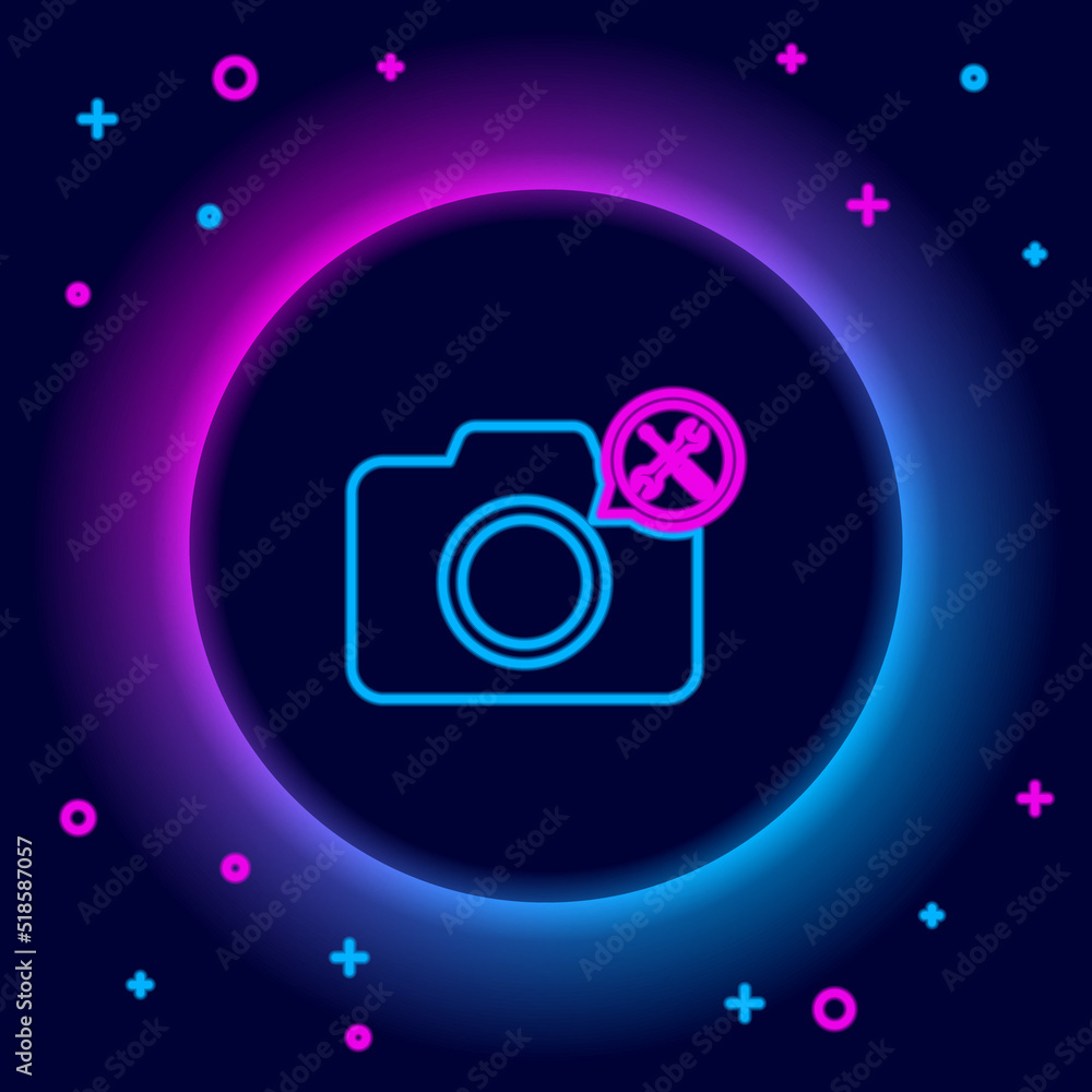 Glowing neon line Photo camera with screwdriver and wrench icon isolated on black background. Adjusting, service, setting, maintenance, repair, fixing. Colorful outline concept. Vector Glowing neon line Photo camera with screwdriver and wrench icon isolated on black background. Adjusting, service, setting, maintenance, repair, fixing. Colorful outline concept. Vector