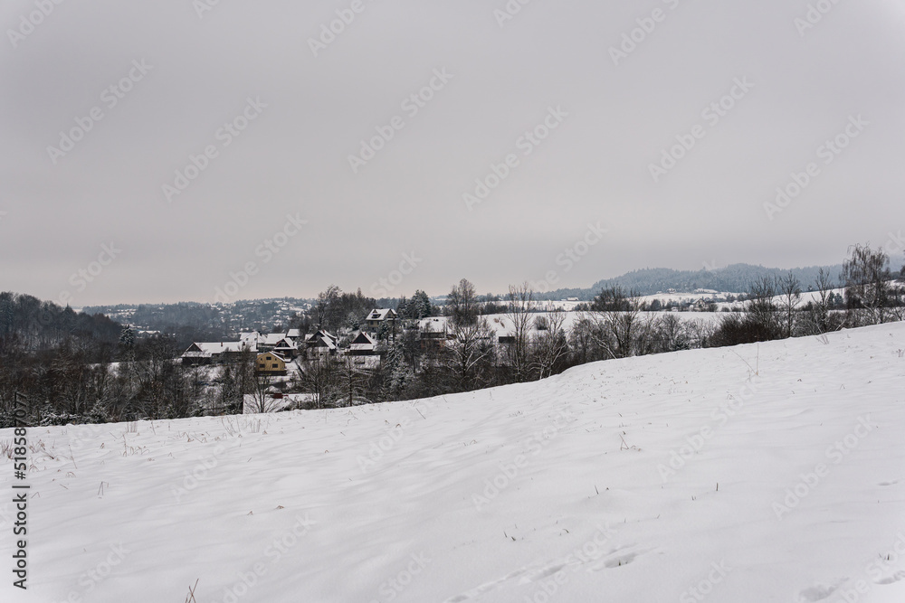 Snowy panoramic landscape in the mountains, little village, hills covered with snow, winter weather