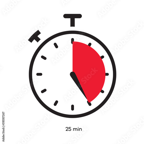 Timer 25 minutes symbol color style isolated on white background. Clock, stopwatch, cooking time label, sport icon. Vector 10 eps