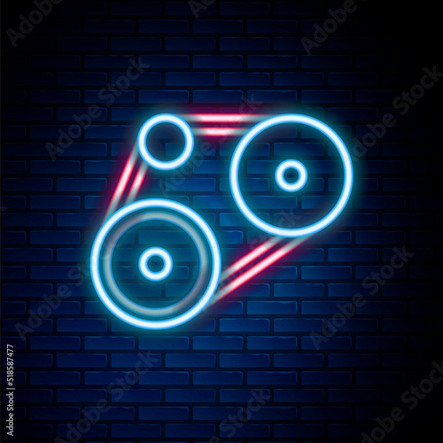 Glowing neon line Timing belt kit icon isolated on brick wall background. Colorful outline concept. Vector