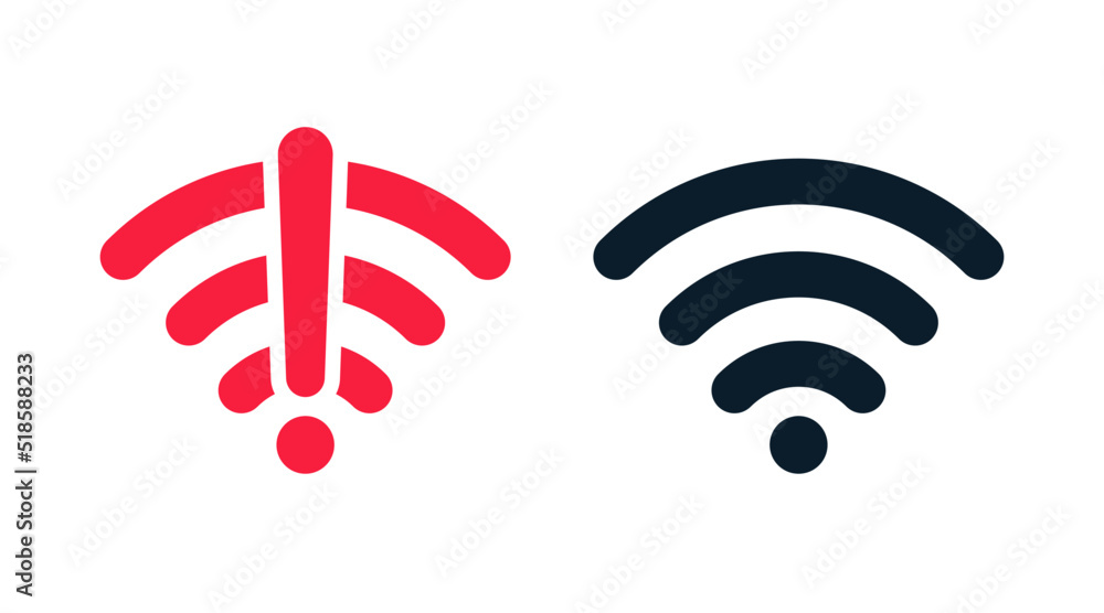 Wireless wifi vector icon no signal and signal flat design set. On and no wifi internet signal symbols set in black color isolated on white background. 10 eps Wireless wifi vector icon no signal and signal flat design set. On and no wifi internet signal symbols set in black color isolated on white background. 10 eps