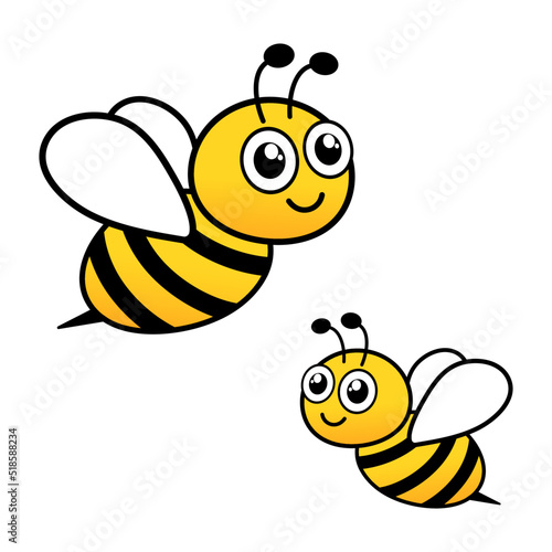 Cute friendly bee set. Cartoon happy flying bees with big kind eyes. Insect character. Vector isolated on white.	
