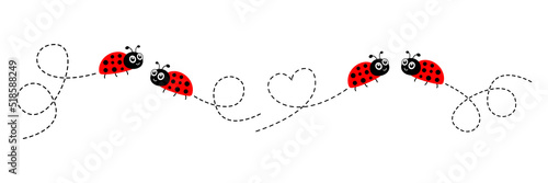Ladybug icon set. Ladybirds flying on dotted route. Vector isolated on white.	