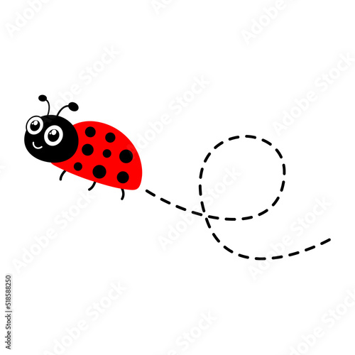Ladybug flying on dotted route. Cartoon ladybird icon. Vector isolated on white background.