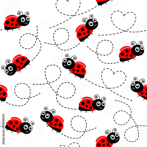 Ladybugs flying on dotted route. Cute ladybug set seamless pattern. Cartoon ladybirds with open wings. Vector isolated on white background.