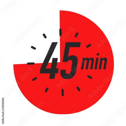 45 minutes timer symbol red color style isolated on white background. Clock, stopwatch, cooking time label, sport icon. Vector 10 eps