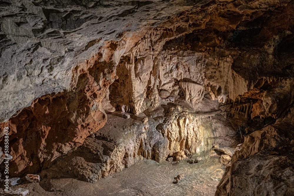 Obraz premium The historic Caves of Diros, a vast caves structure located near Pyrgos Dirou, Laconia, Mani peninsula, Peloponnese, Greece
