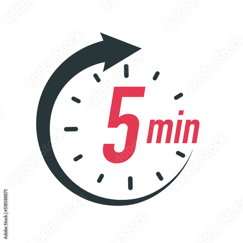 5 minutes timer symbol color style isolated on white background. Clock, stopwatch, cooking time label. Vector 10 eps