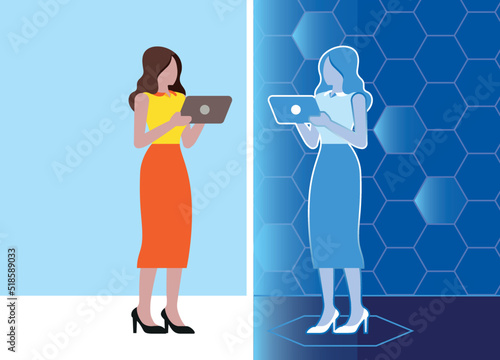 Платно Digital Twin in cyberspace, woman's Avatar with tablet connected with digital al