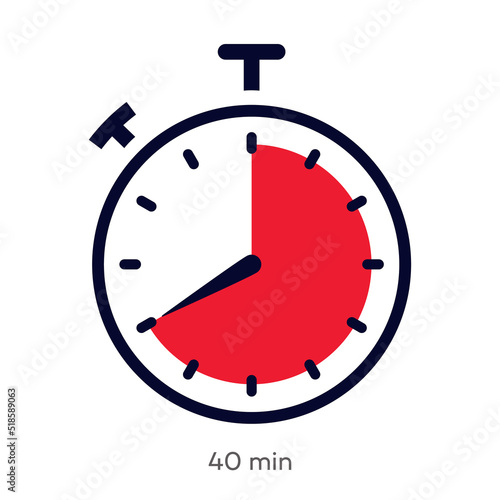 Timer 40 minutes symbol color style isolated on white background. Clock, stopwatch, cooking time label, sport icon. Vector 10 eps