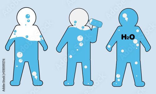 
stick line figures such as water percentage level. daily fluid intake concept for men, women or children on white background