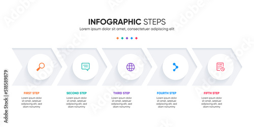 5 steps infographic colorful arrow with the icon. Modern infographic presentation design.	