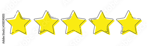 Five yellow stars with intermittent black line. Product quality rating or customer review. Vector illustration. 