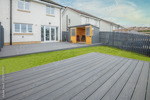 New Laid Composite Decking Ash Colour and with Decking Lights Installed.