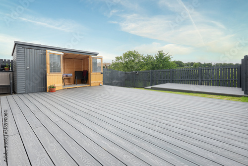 New Laid Composite Decking Ash Colour and with Decking Lights Installed.