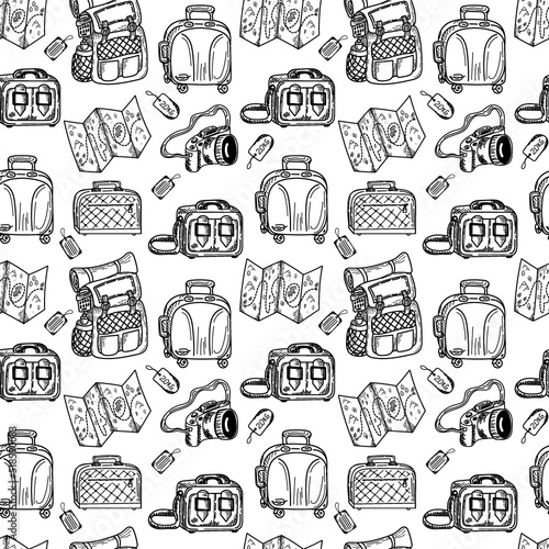 Seamless pattern of luggage bags, hand-drawn in sketch style. Vector illustration. Large suitcase, small bag, backpack, hand luggage, valise. Luggage. Airplane. Sketch.