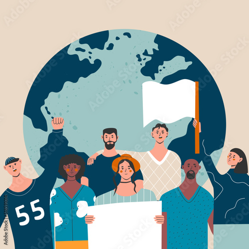 Eco-activist protest for climate change, global strike demand urgent action. men women marching on demonstration for protection of enviroment. Group of people holding poster. Flat vector illustration