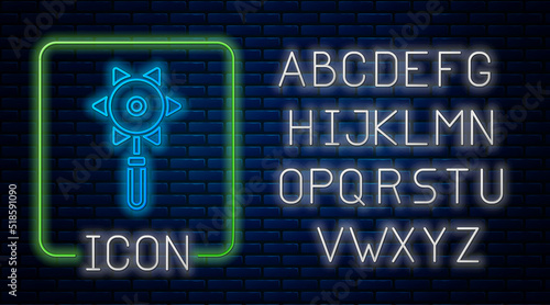 Glowing neon Medieval chained mace ball icon isolated on brick wall background. Medieval weapon. Neon light alphabet. Vector