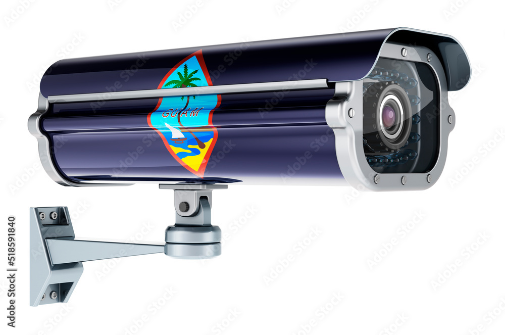 Surveillance camera with Guamanian flag. 3D rendering Surveillance camera with Guamanian flag. 3D rendering