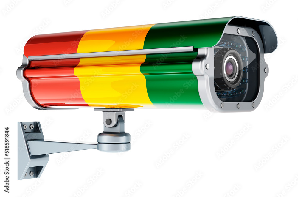 Surveillance camera with Guinean flag. 3D rendering Surveillance camera with Guinean flag. 3D rendering
