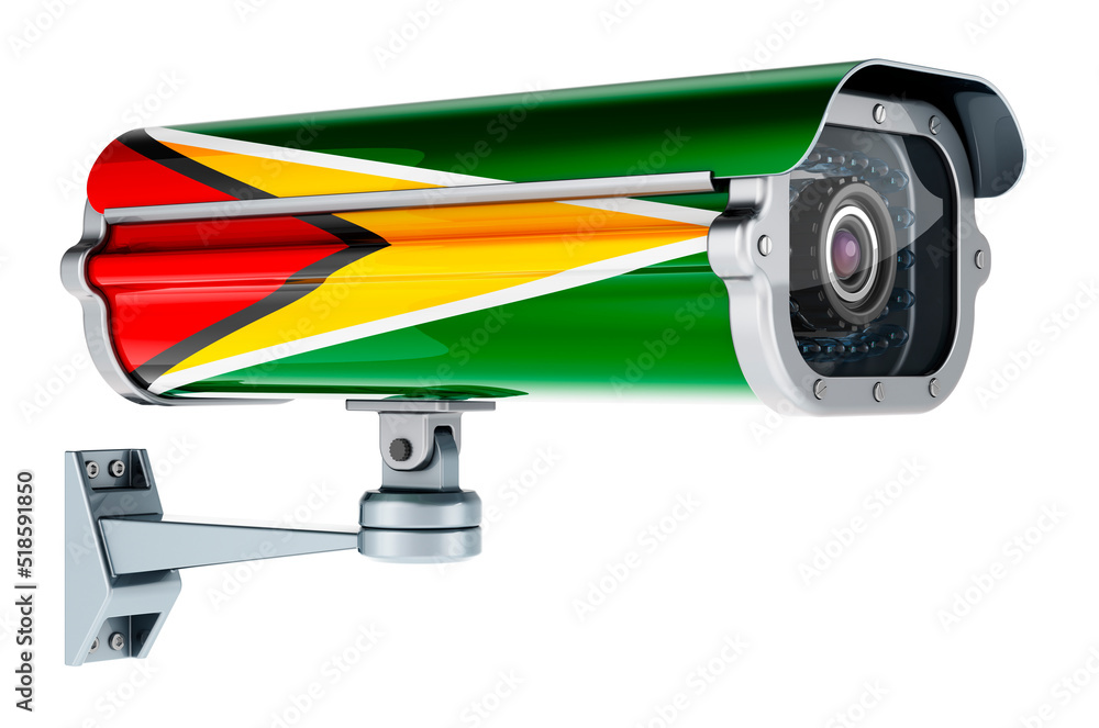 Surveillance camera with Guyanese flag. 3D rendering Surveillance camera with Guyanese flag. 3D rendering