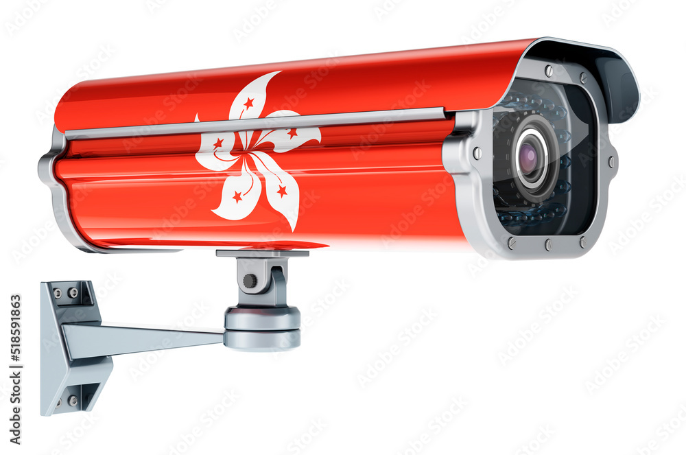 Surveillance camera with Hong Kong flag. 3D rendering Surveillance camera with Hong Kong flag. 3D rendering