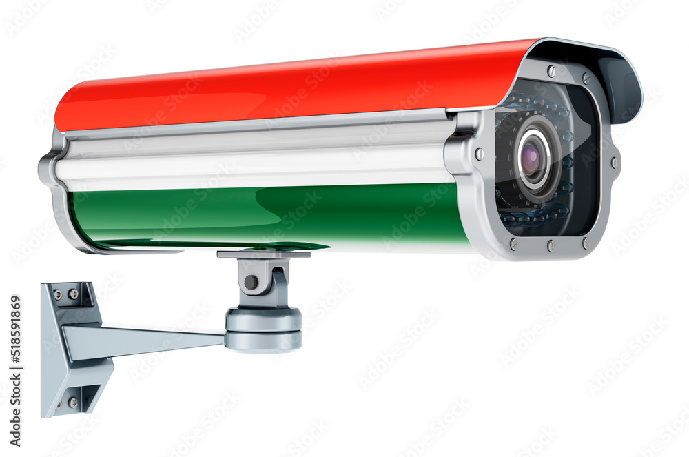 Surveillance camera with Hungarian flag. 3D rendering Surveillance camera with Hungarian flag. 3D rendering