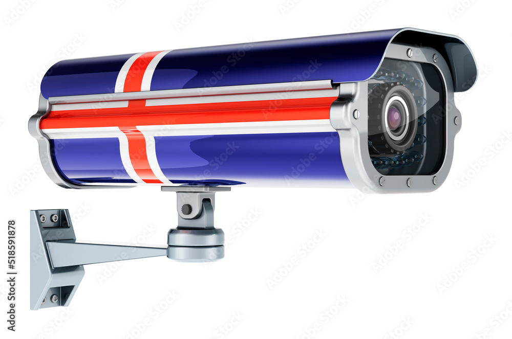 Surveillance camera with Icelandic flag. 3D rendering Surveillance camera with Icelandic flag. 3D rendering