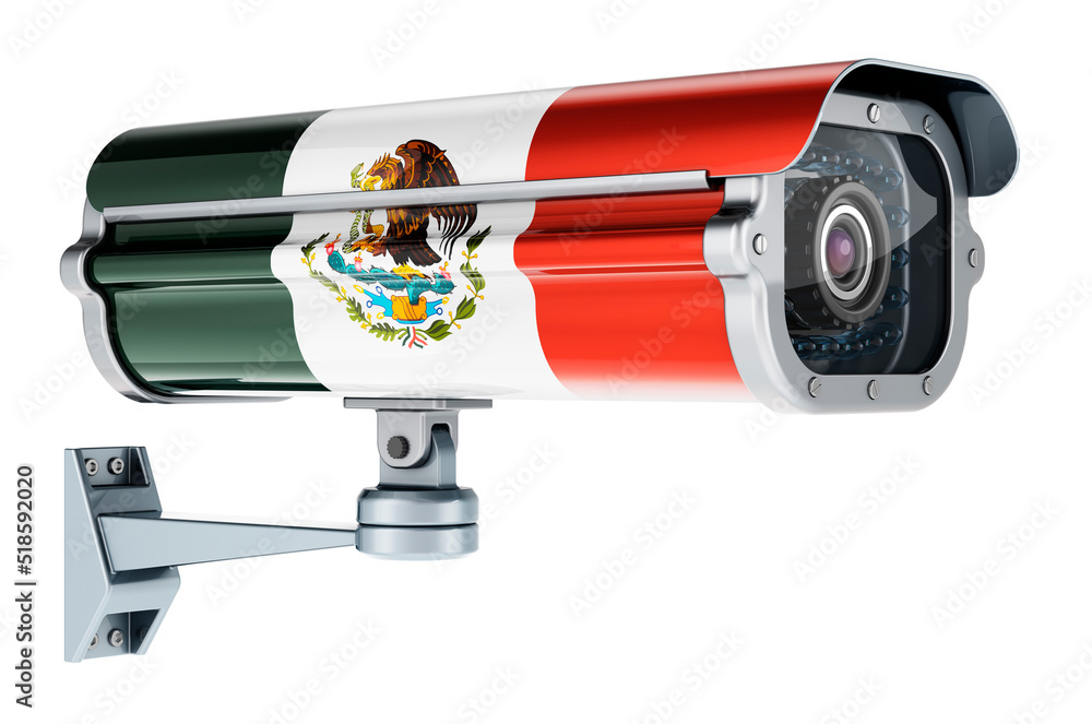 Surveillance camera with Mexican flag. 3D rendering Surveillance camera with Mexican flag. 3D rendering